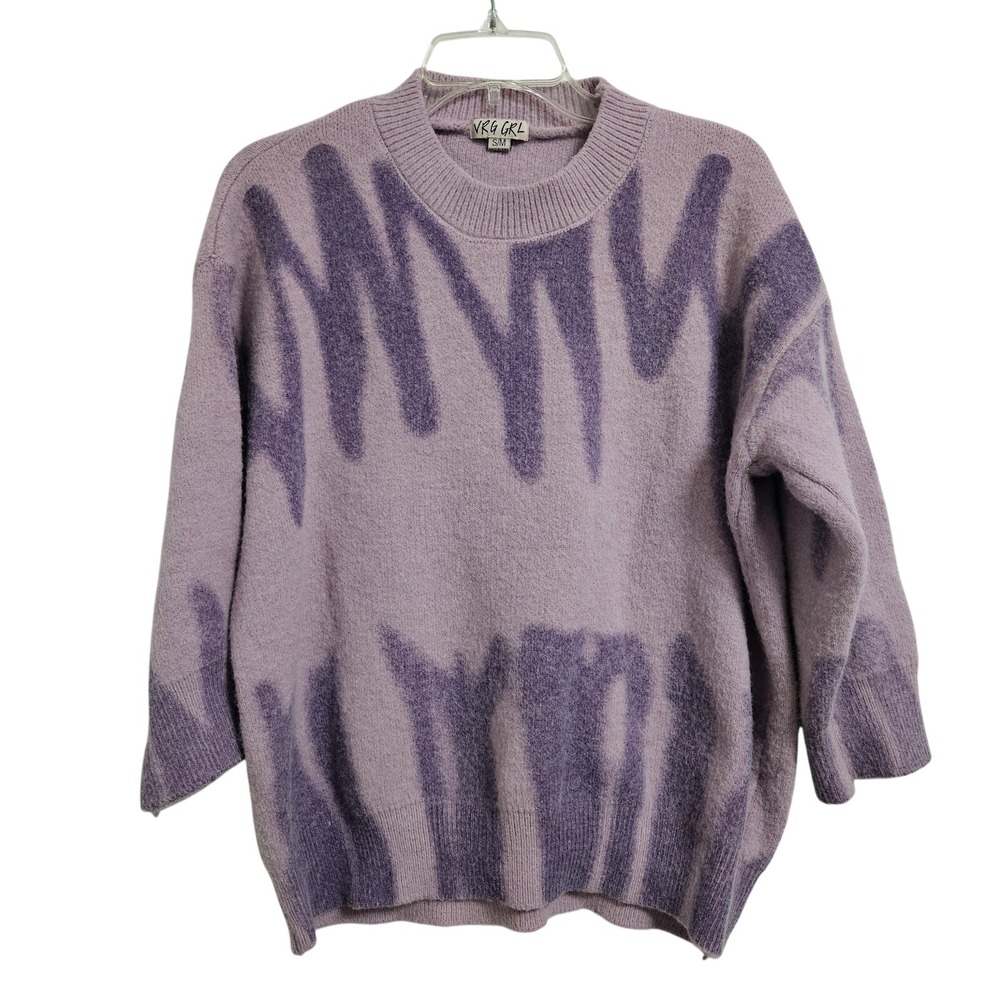 VRG GRL Sweater Women M Purple Abstract Drip Knit Oversized Crewneck Wool Blend